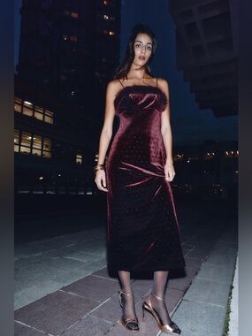 Zara Women’s Burgundy Velvet Faux Fur Rhinestone Holiday Dress